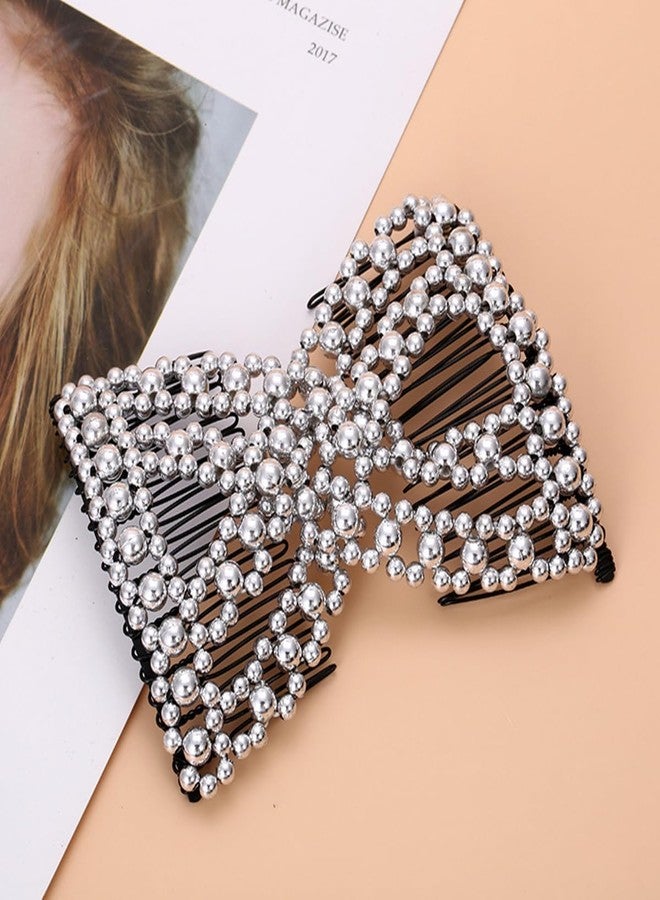 Ruihfas 1 PCS Magic Hair Combs Beaded Stretch Double Side Combs Adjustable Elastic Hair Clips Bun Maker for Women Hairstyling Ponytail Holder (Silver) - Image 2